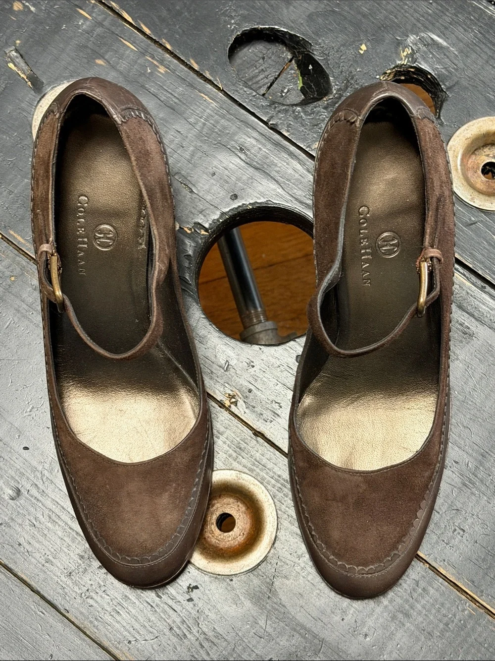 Cole Haan Dark Brown Suede & Leather Scallop Trim Mary Jane Heels